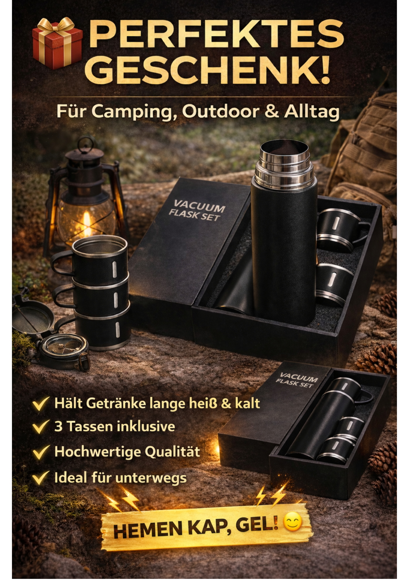 Thermoskanne 400ml Edelstahl isoliert 3 Becher Set Thermosflasche Camping