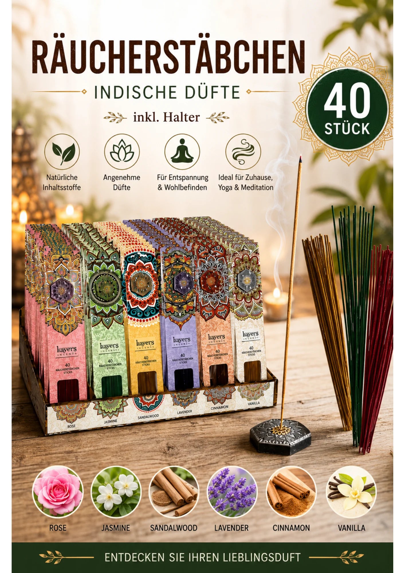 Räucherstäbchen Indische 40 Stück inkl. Halter – verschiedene Düfte (Karma Scent