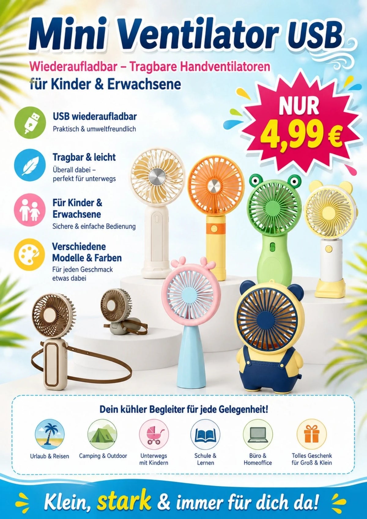 Mini USB Handventilator wiederaufladbar – Saisonende-Angebot, 1 Stück in zufälligem Modell & Farbe