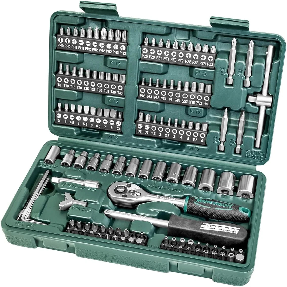 Brüder Mannesmann Steckschlüssel- & Bitsatz 130-teilig – Werkzeugkoffer mit Ratsche, Stecknüssen und 100 Bits