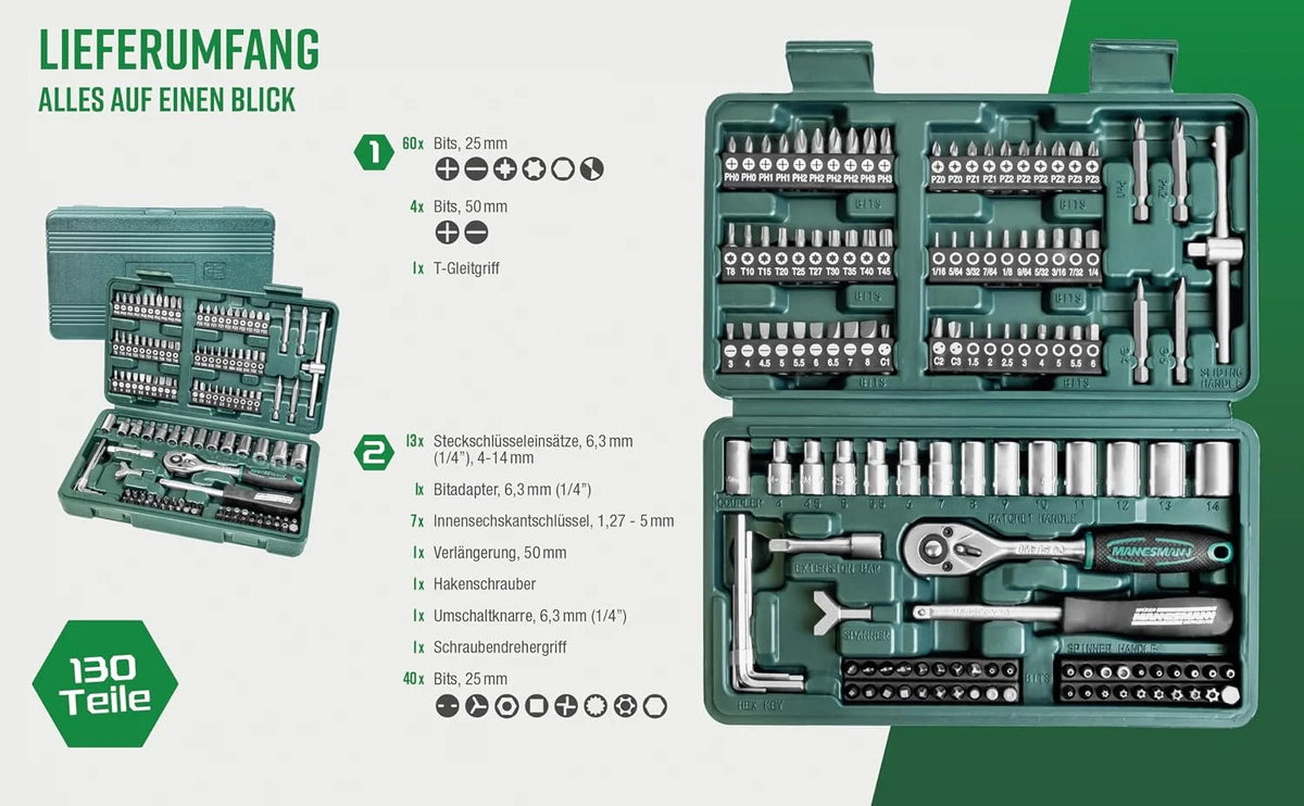 Brüder Mannesmann Steckschlüssel- & Bitsatz 130-teilig – Werkzeugkoffer mit Ratsche, Stecknüssen und 100 Bits