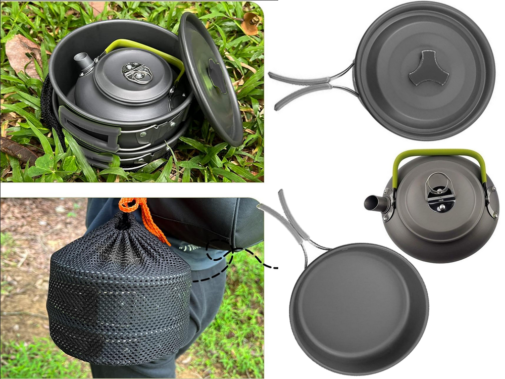 Camping Kochgeschirr Set für 2–3 Personen – Outdoor Töpfe, Pfanne & Kessel 11-teilig