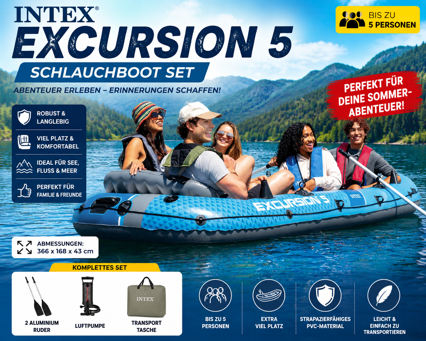 Intex Excursion 5 Inflatable Boat Set 366x168cm with Paddle &amp; Pump, 5 Persons
