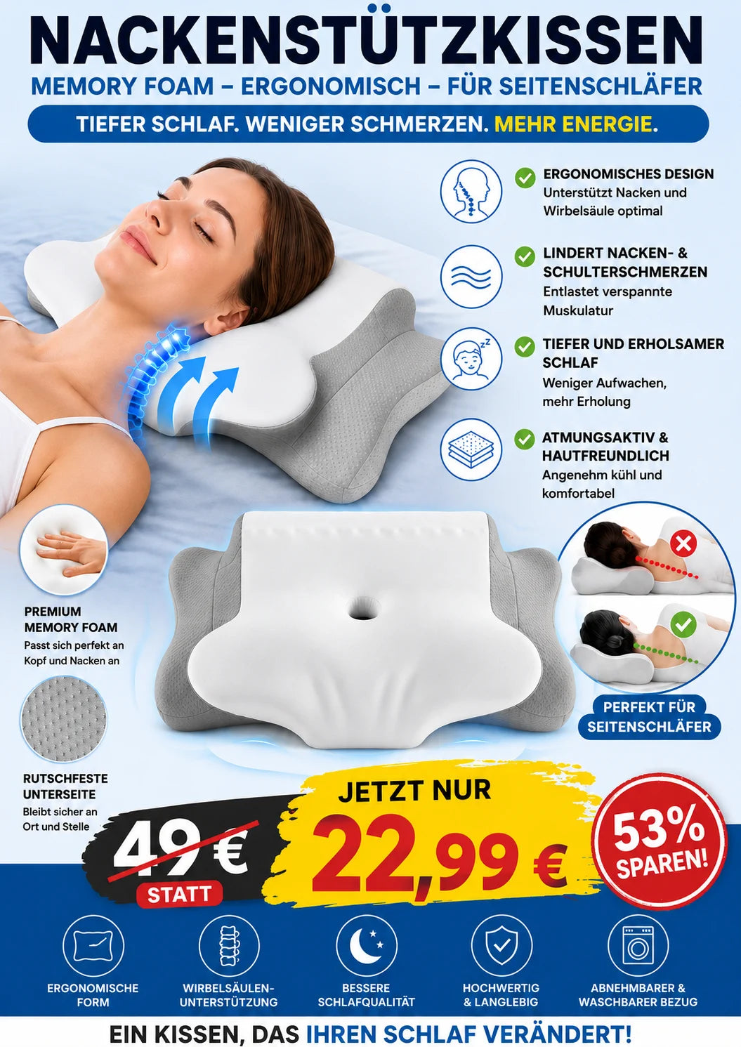 Nackenstützkissen Memory Foam Ergonomisches Schlafkissen Seitenschläfer Grau