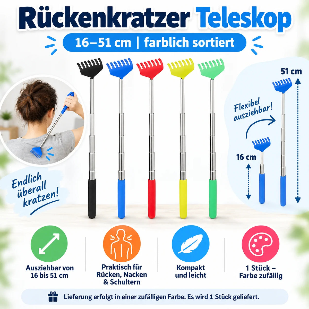 Teleskop Rückenkratzer ausziehbar aus Edelstahl – Rückenkratzer mit verschiedenen Modellen, kompakt für Rücken Nacken Schulter