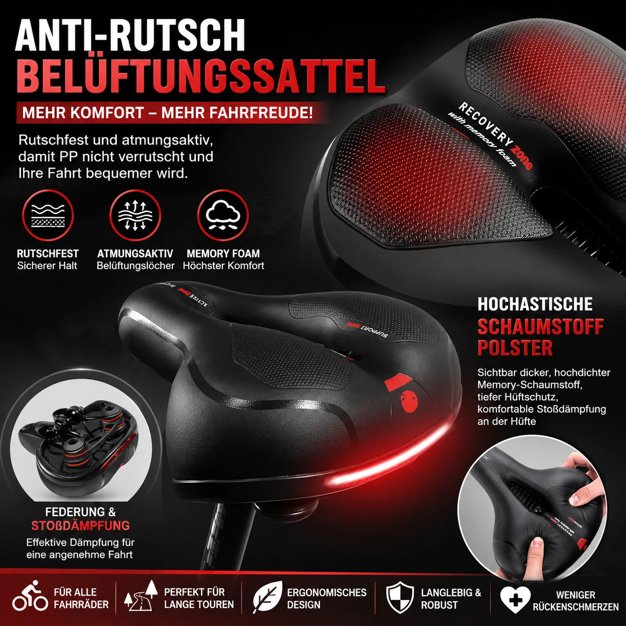 Fahrradsattel Komfort Breit mit Gel Memory-Schaum, Federung und Reflektor – Ergonomischer Fahrradsattel für MTB, Citybike & E-Bike