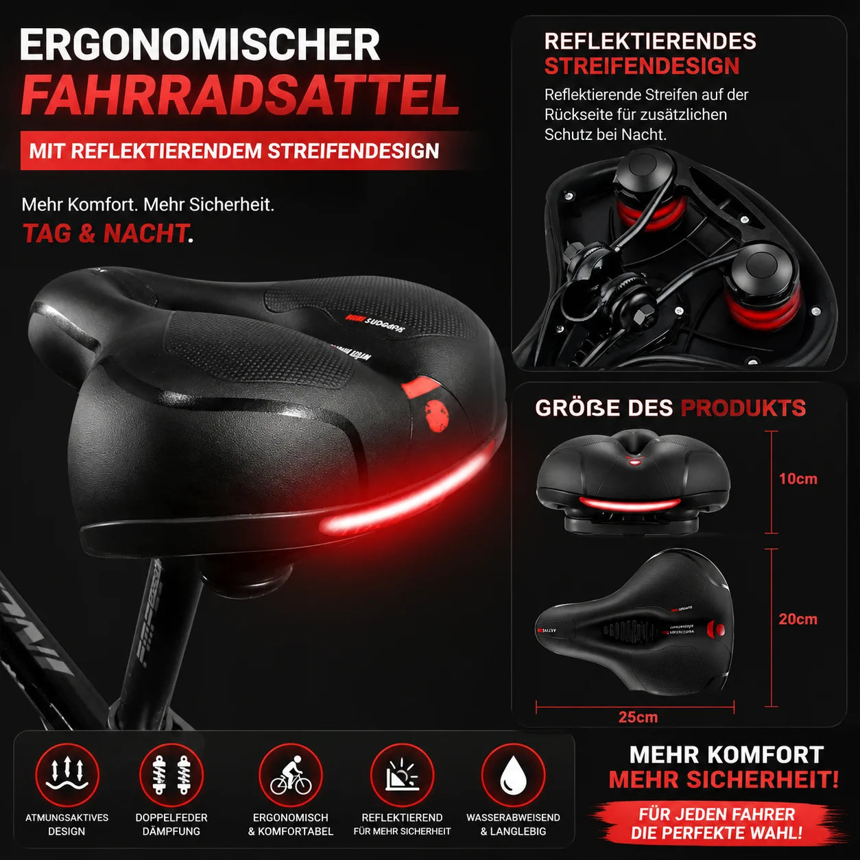Fahrradsattel Komfort Breit mit Gel Memory-Schaum, Federung und Reflektor – Ergonomischer Fahrradsattel für MTB, Citybike & E-Bike