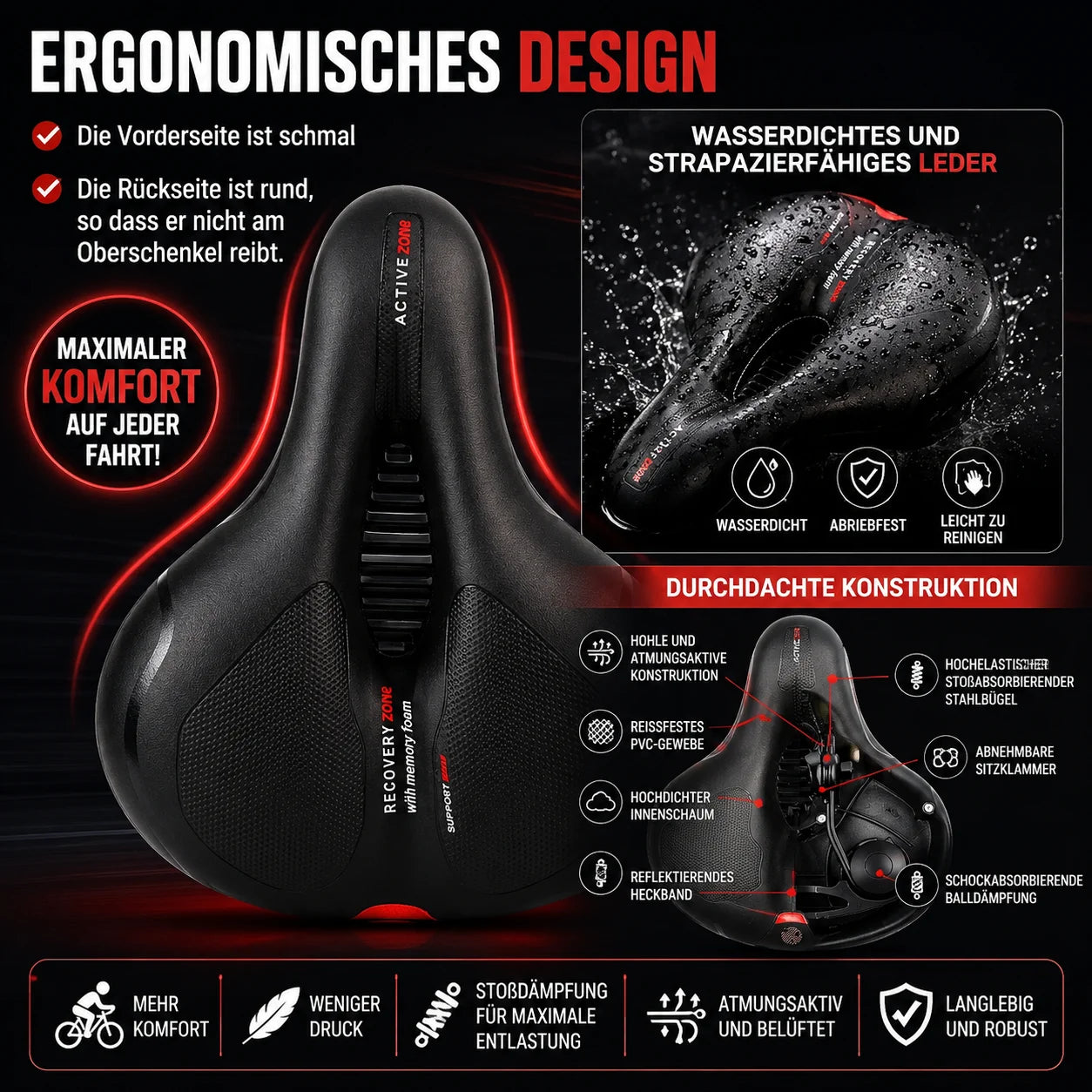 Fahrradsattel Komfort Breit mit Gel Memory-Schaum, Federung und Reflektor – Ergonomischer Fahrradsattel für MTB, Citybike & E-Bike