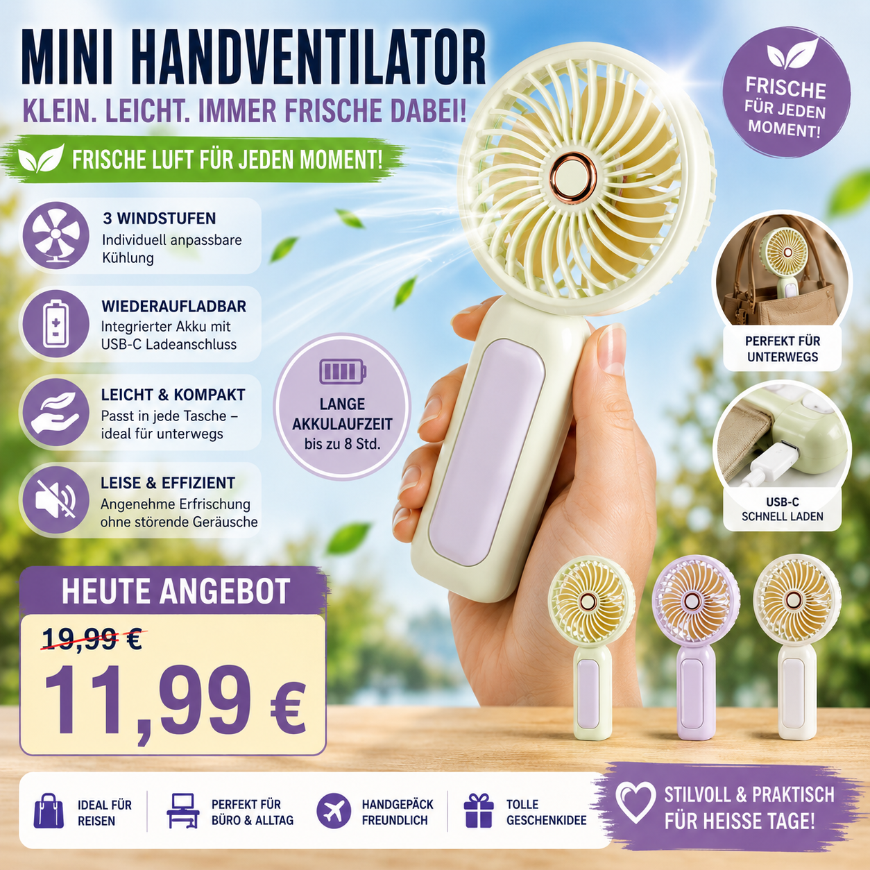 Mini USB Akku Ventilator  – Leiser Handventilator mit 3 Stufen USB-C
