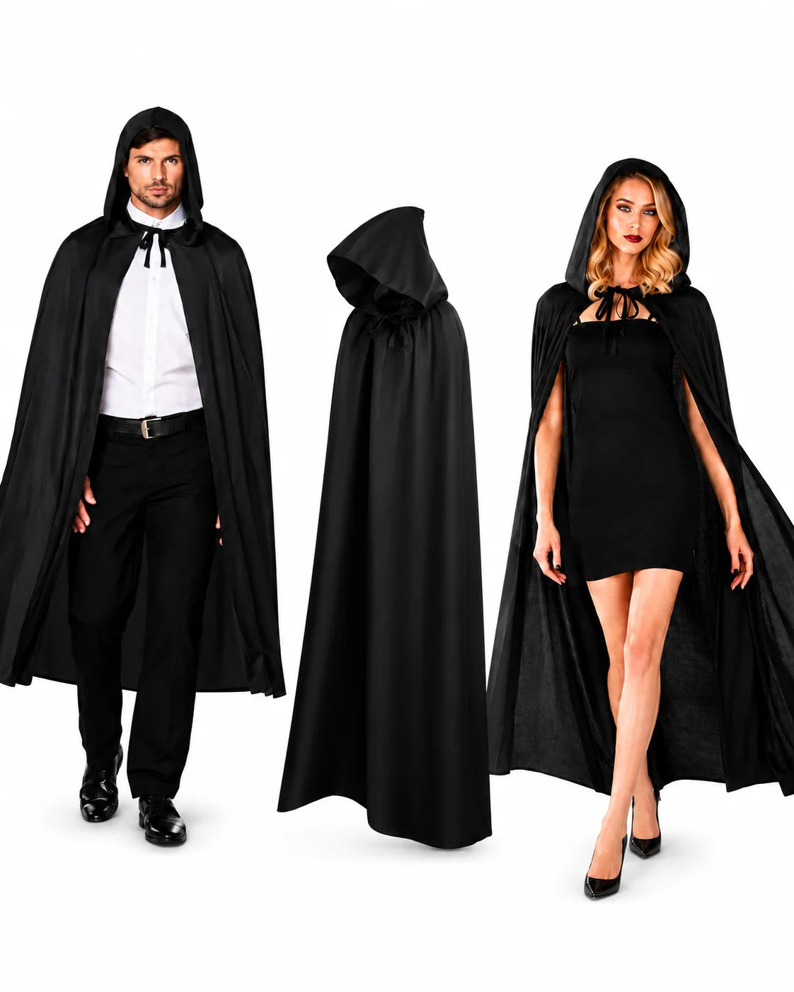 Halloween Umhang Schwarz mit Kapuze 120cm Cape Kostüm Vampir Hexe Verkleidung