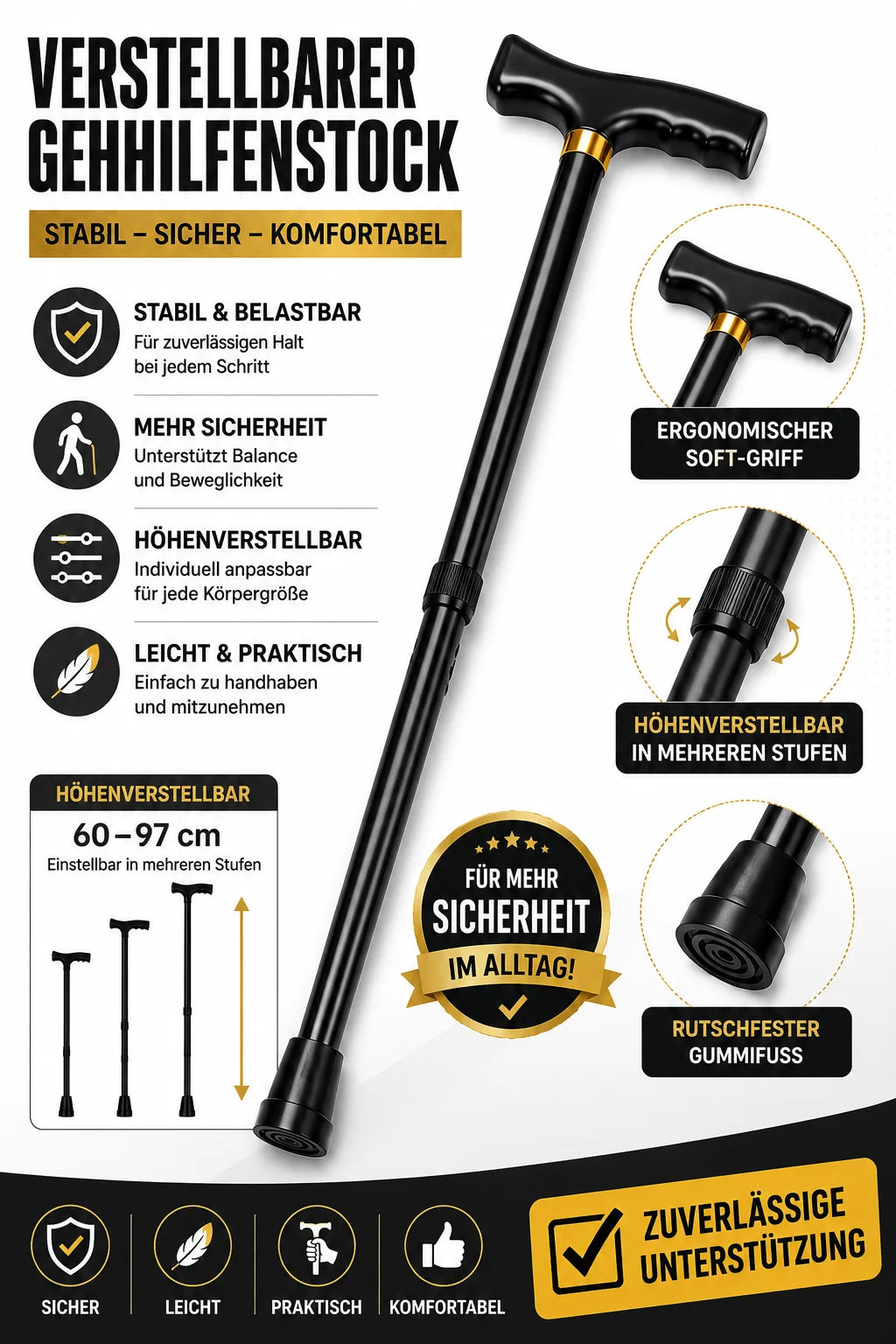Verstellbarer Gehstock aus Aluminium 60–97 cm – Leichter Spazierstock mit ergonomischem Griff und 10-facher Höhenverstellung