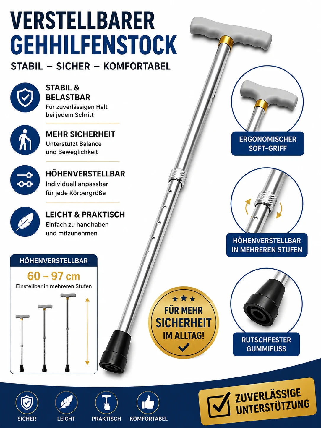 Verstellbarer Gehstock aus Aluminium 60–97 cm – Leichter Spazierstock mit ergonomischem Griff und 10-facher Höhenverstellung