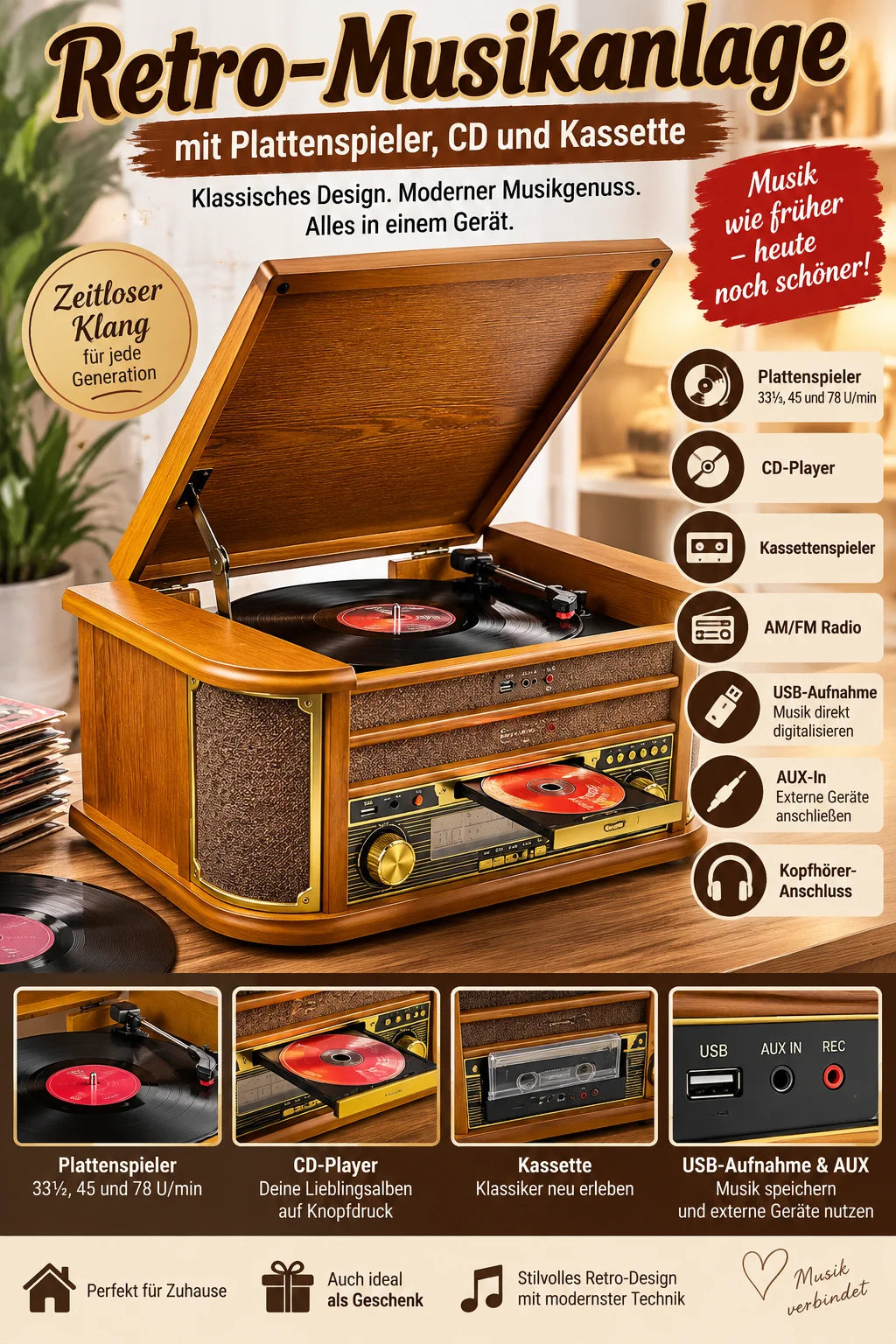 Nostalgie Holz Musikanlage – Retro Stereoanlage mit Plattenspieler, CD-Player, USB, Radio & Bluetooth