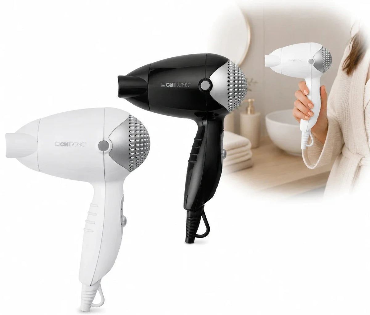 Clatronic® Reisehaartrockner | kompakte Größe | 1200 Watt | 2 Temperatur-/Leistungsstufen | Formdüse 360° drehbar (abnehmbar) | Aufhängeöse | Fön | HT 3393 schwarz oder weiß