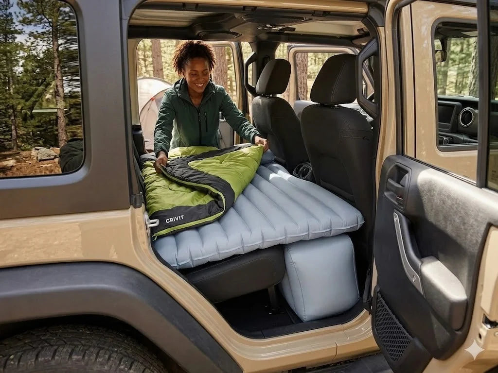 CRIVIT Auto Luftmatratze für Rücksitz – bis 250 kg mit Fußteil, 2 Kissen, Tragetasche & Reparaturset
