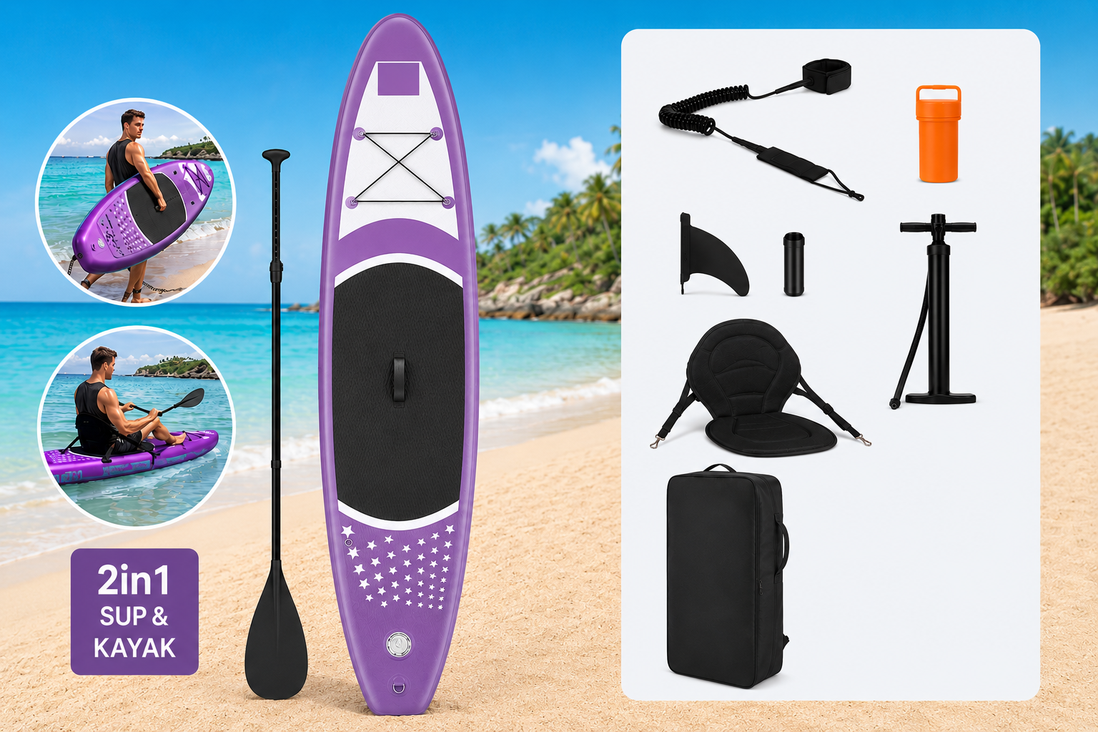 Aufblasbares SUP Board Set Lila 366 cm XXL  – 2in1 Stand Up Paddle & Kajak Funktion mit Sitz, Paddel, Double-Action-Pumpe, Tragetasche & Reparaturset