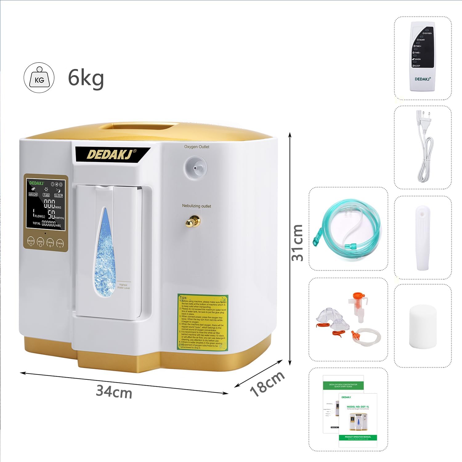 DEDAKJ Oxygen Concentrator 1-7L/min O2 Generator Portable High Purity 93% 