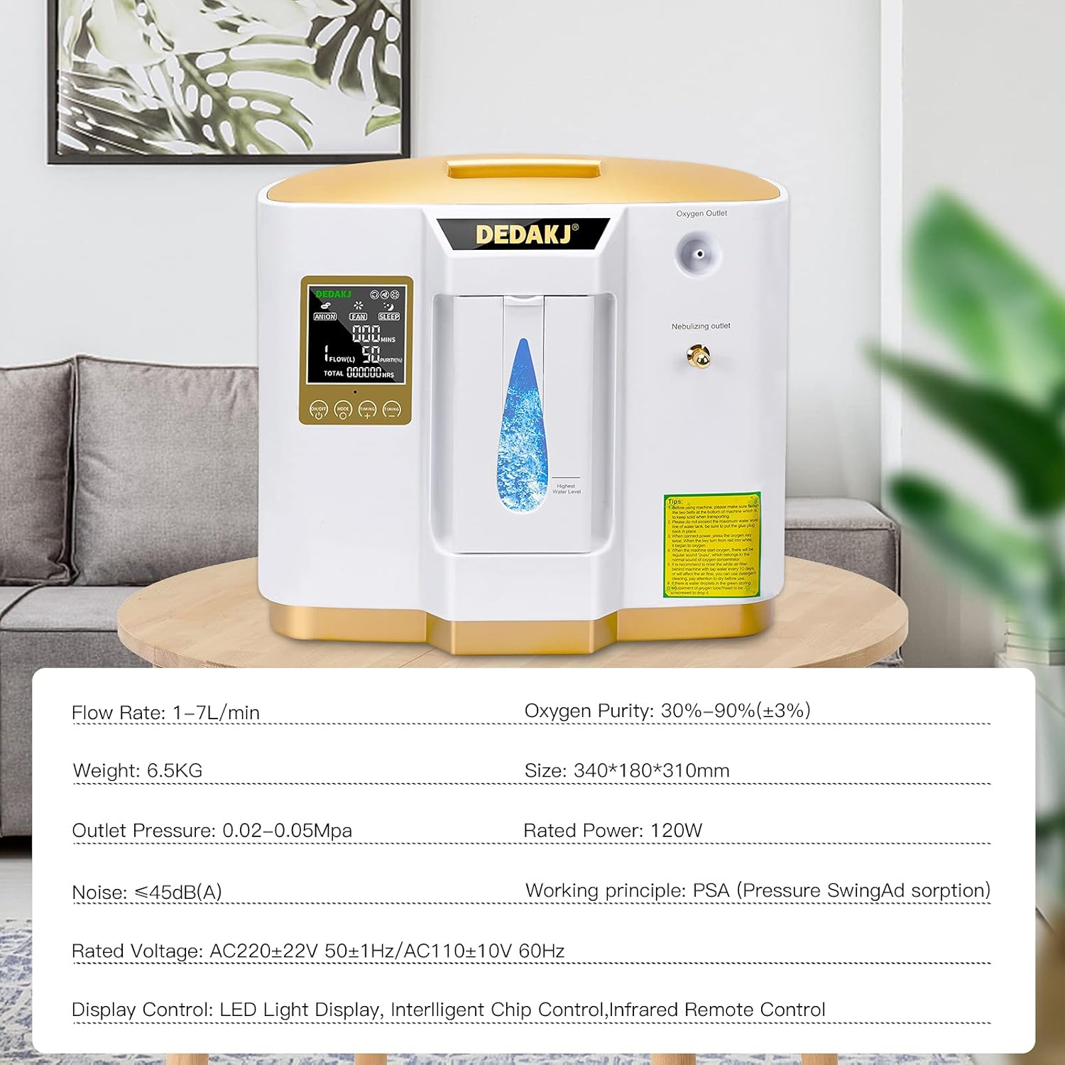 DEDAKJ Oxygen Concentrator 1-7L/min O2 Generator Portable High Purity 93% 