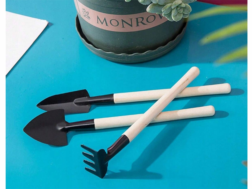 Mini Gartenwerkzeug Set 3-teilig – Schaufel Rechen Spaten für Topfpflanzen Umtopfen
