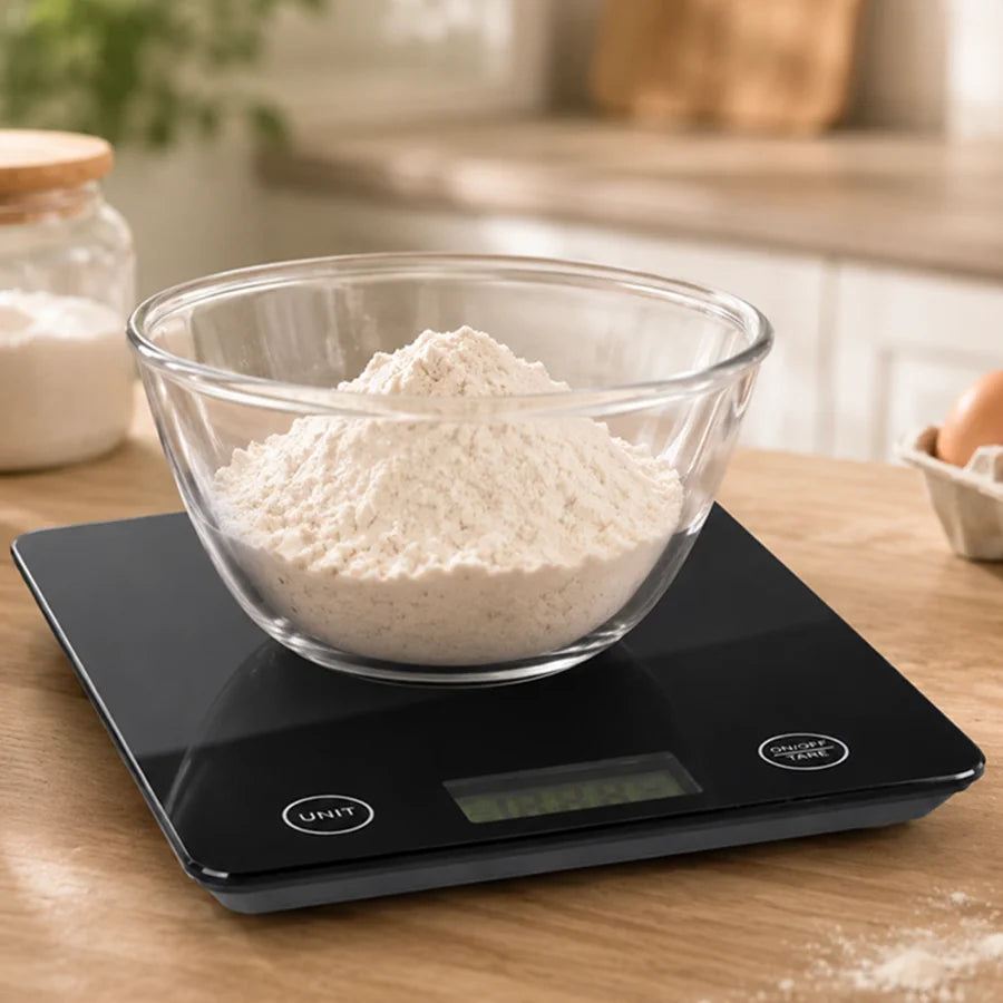 Digitale Küchenwaage bis 5 kg mit 1 g Genauigkeit – Glas Haushaltswaage mit LCD, Tara & Touch-Bedienung