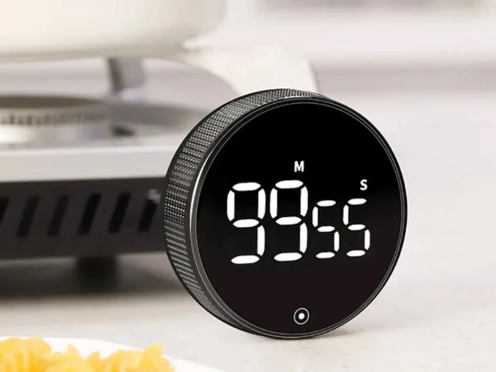 Digitaler Küchentimer mit Magnet – Elektronische Stoppuhr mit LED-Display, 3 Alarmstufen & Drehknopf – Für Küche, Training & Büro