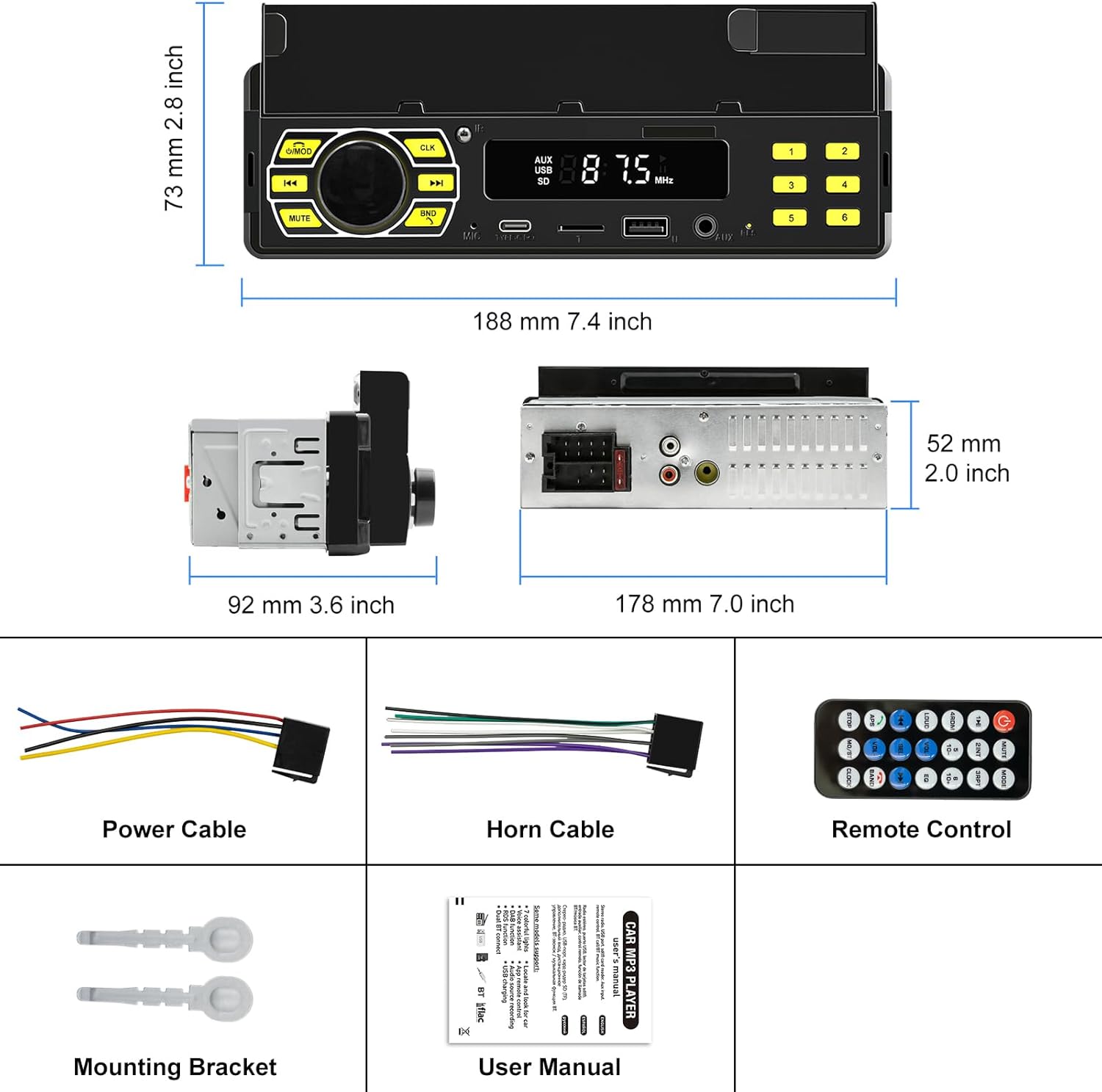 Car Radio Bluetooth 1 Din MP3 Player Handsfree C USB L8 Type X4V3
