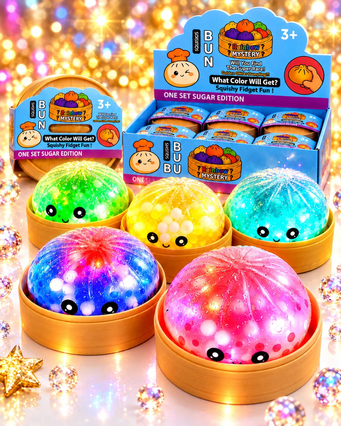 Dumpling Squishy mit LED – Mystery Fidget Toy Kawaii Quetschspielzeug als Geschenk  9,5cm