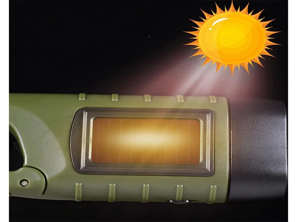 Dynamo Solar Taschenlampe mit 3 LEDs – Handkurbel Lampe mit Karabiner für Camping, Auto & Notfall