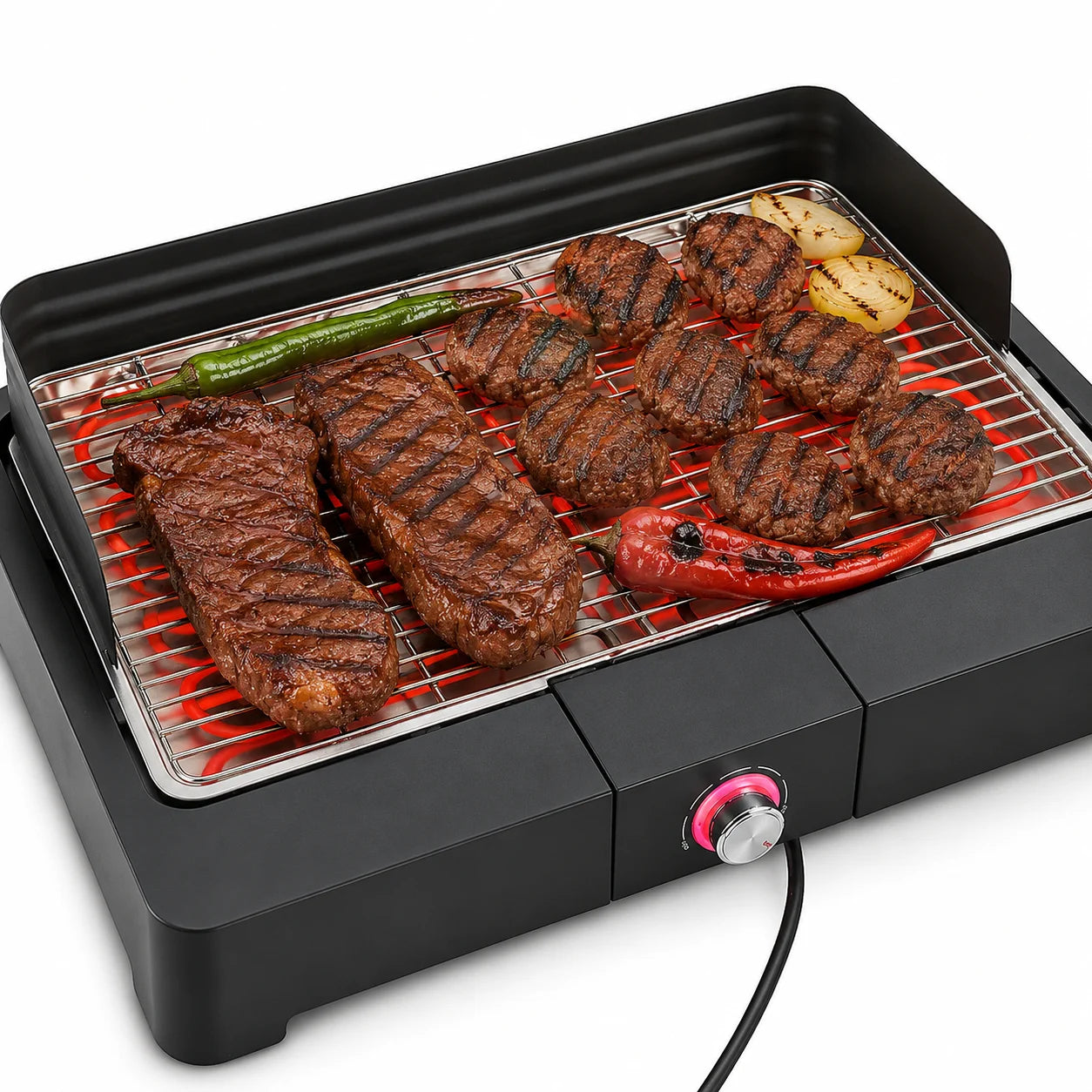 SEVERIN PG 8565 Elektrogrill 2200 W – Tischgrill mit Edelstahl-Grillrost für Balkon, Garten und Innenbereich