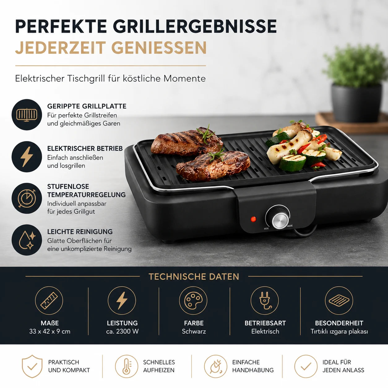 Elektrogrill Tischgrill 2200W Alu Grillplatte Innen Außen BBQ Grill