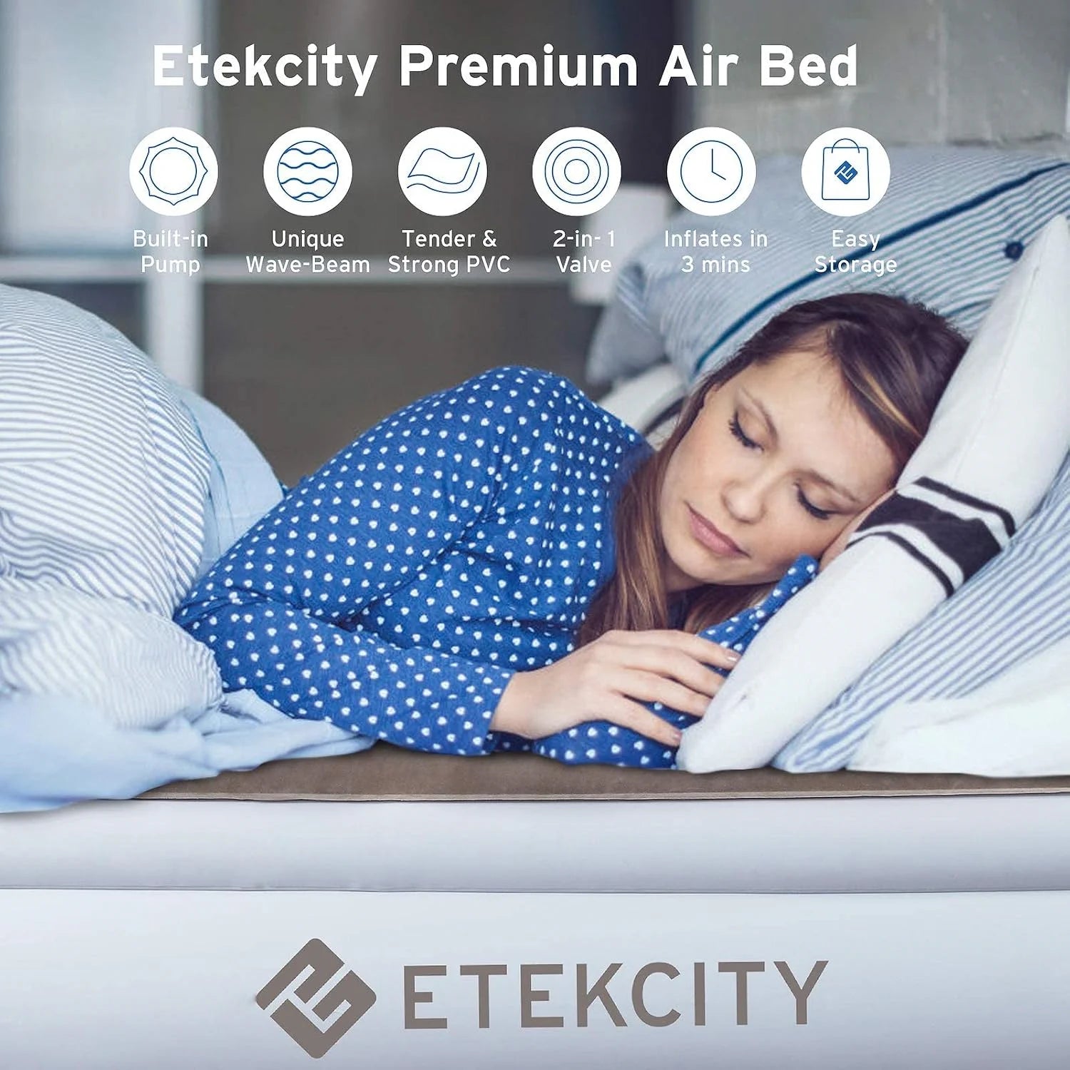 ETEKCITY Luftbett 203 x 152 x 46 cm – Aufblasbare Matratze mit integrierter Elektropumpe & Tragetasche