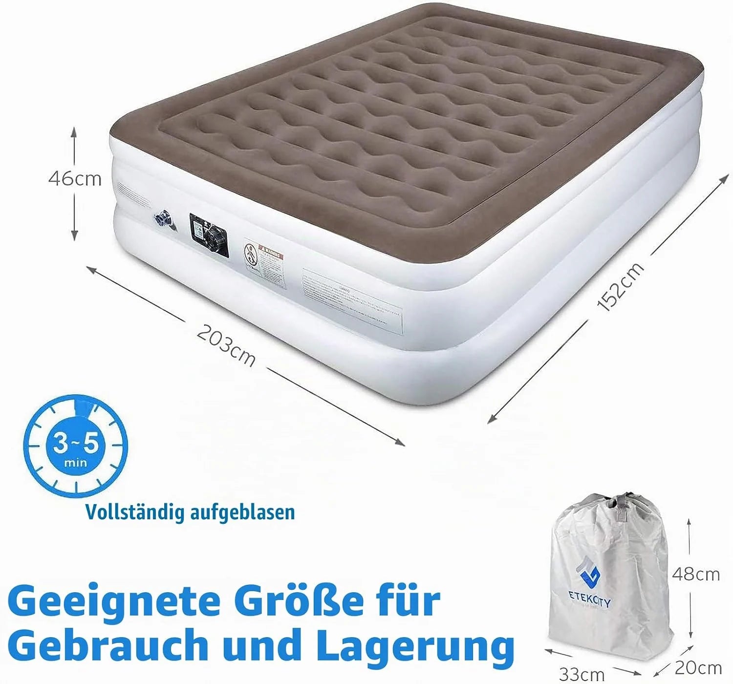 ETEKCITY Luftbett 203 x 152 x 46 cm – Aufblasbare Matratze mit integrierter Elektropumpe & Tragetasche