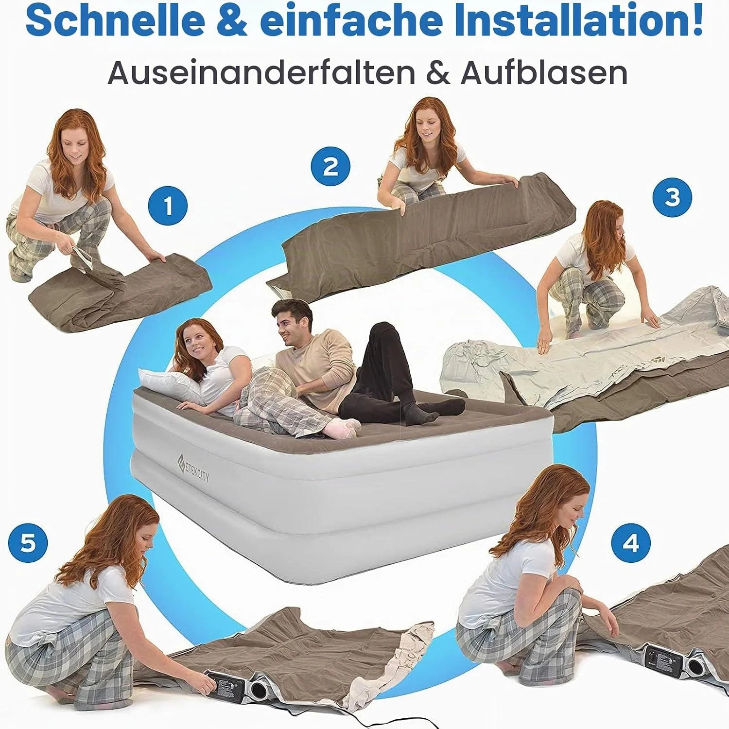 ETEKCITY Luftbett 203 x 152 x 46 cm – Aufblasbare Matratze mit integrierter Elektropumpe & Tragetasche