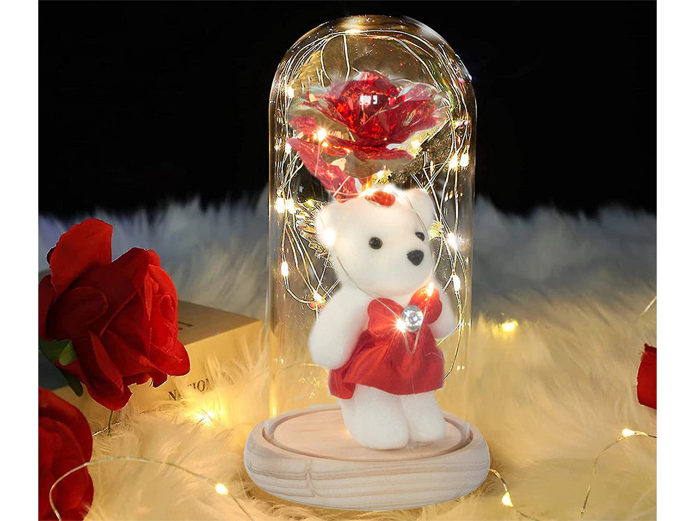 LED Ewige Rose im Glas mit Teddybär – Geschenk für Frauen, Deko, Valentinstag 💕