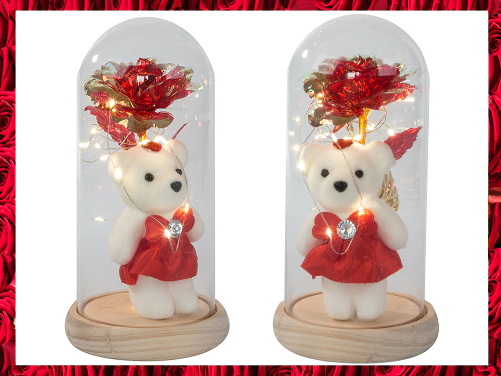 LED Ewige Rose im Glas mit Teddybär – Geschenk für Frauen, Deko, Valentinstag 💕