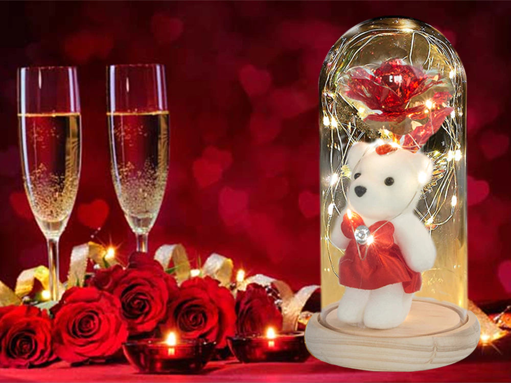 LED Ewige Rose im Glas mit Teddybär – Geschenk für Frauen, Deko, Valentinstag 💕