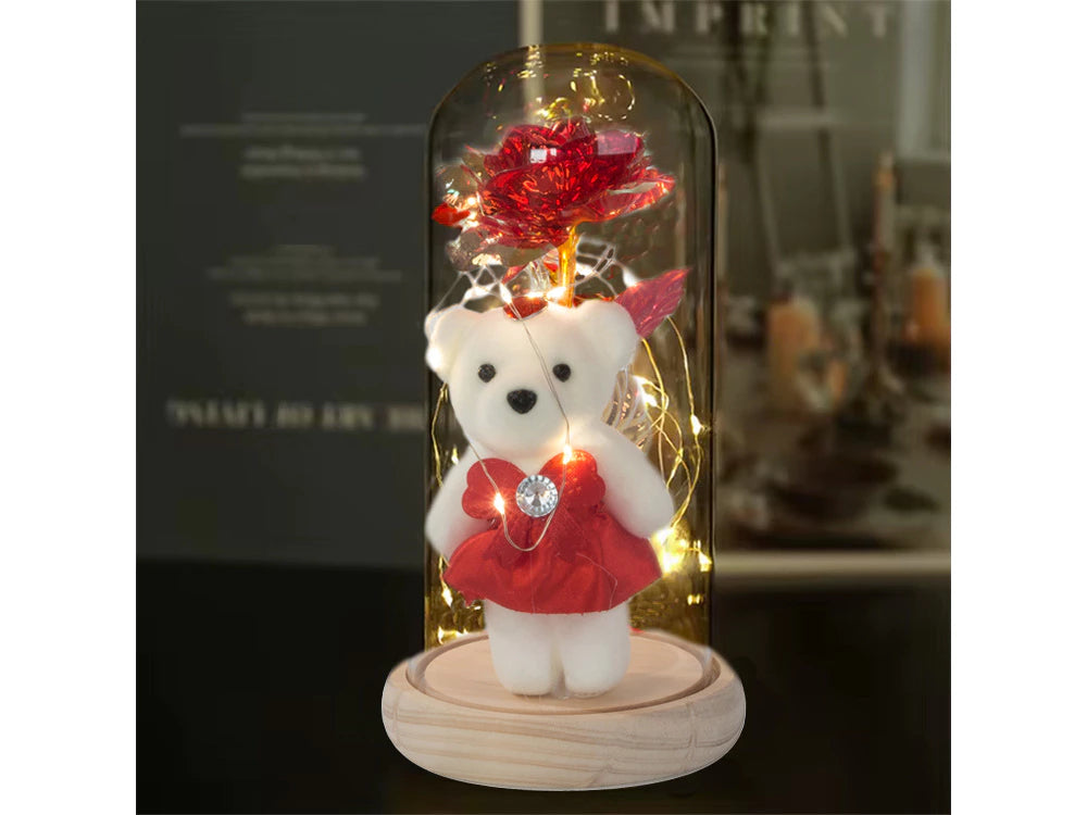 LED Ewige Rose im Glas mit Teddybär – Geschenk für Frauen, Deko, Valentinstag 💕