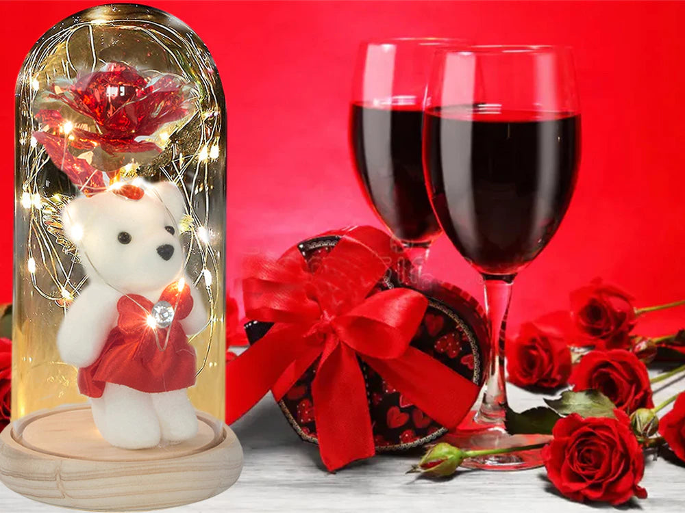 LED Ewige Rose im Glas mit Teddybär – Geschenk für Frauen, Deko, Valentinstag 💕