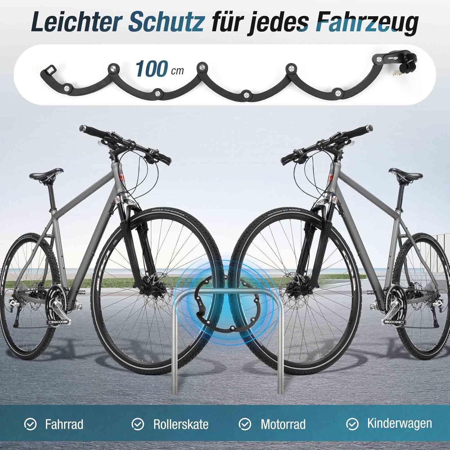 Faltschloss Fahrrad 100 cm aus Gehärtetem Carbonstahl – Fahrradschloss mit Halterung und 4 Schlüsseln für E-Bike, MTB und Rennrad