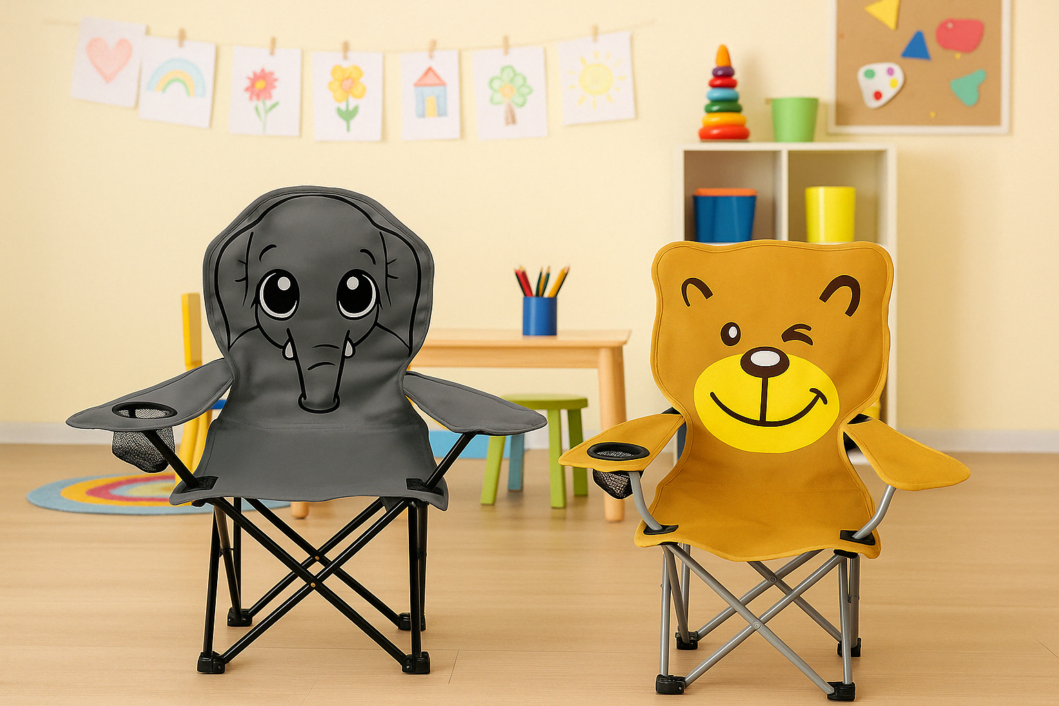 Kinder Campingstuhl Tiere – Faltbarer Klappstuhl mit Tiermotiv, Getränkehalter & Tragetasche für Garten, Camping & Picknick