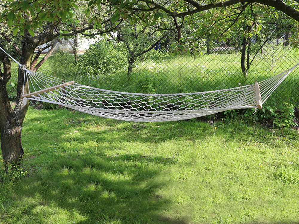 Hängematte Netz mit Holzstangen 190cm 150kg Garten Boho weiß Outdoor