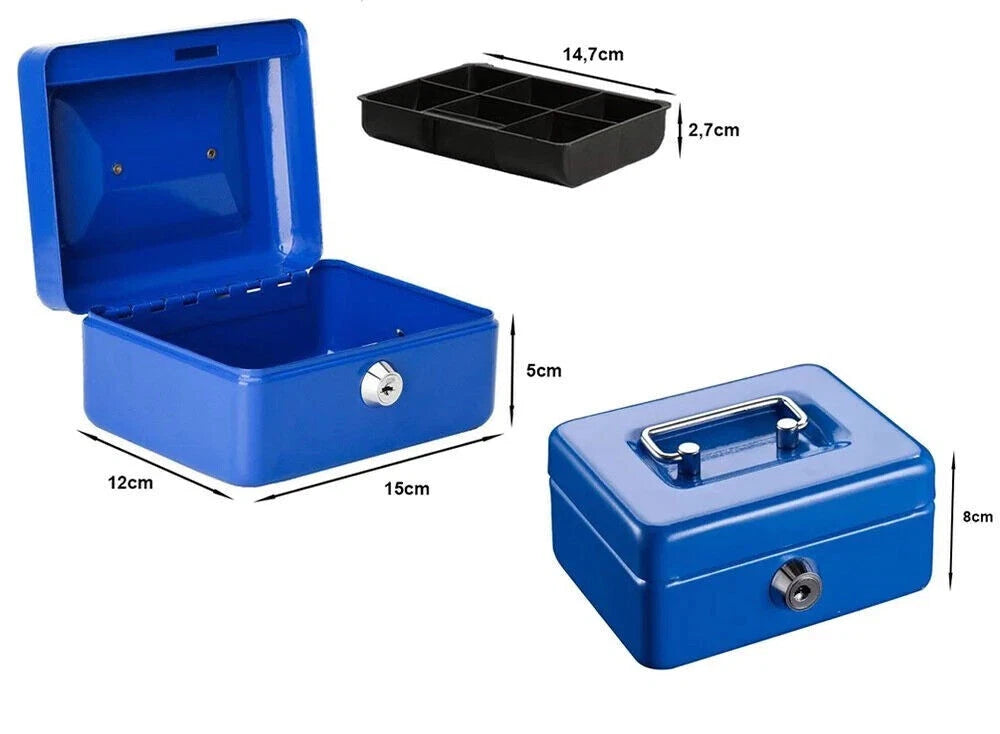 Abschließbare Geldkassette aus Metall – 15x12x8cm, Blau, mit 2 Schlüsseln & Münzeinsatz