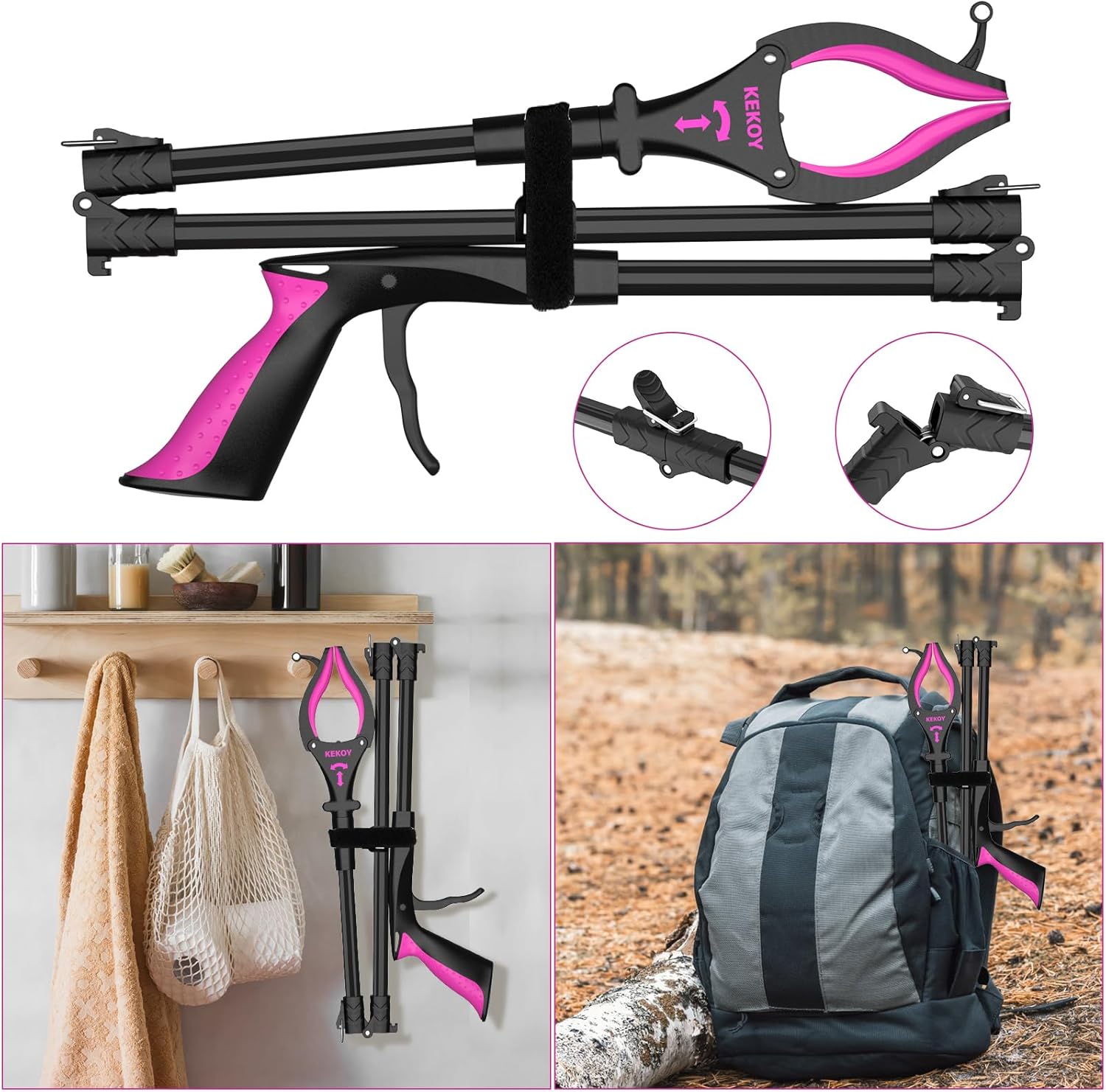 Greifzange mit Licht 80cm – Drehbare Faltbare Aluminium Müllzange mit Magnet, Ergonomische Greifhilfe für Senioren und Abfallsammlung - Lila