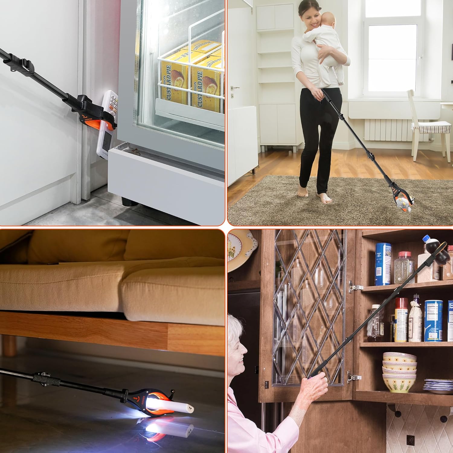 Greifzange mit Licht 80cm – Drehbare Faltbare Aluminium Müllzange mit Magnet, Ergonomische Greifhilfe für Senioren und Abfallsammlung - ORANGE