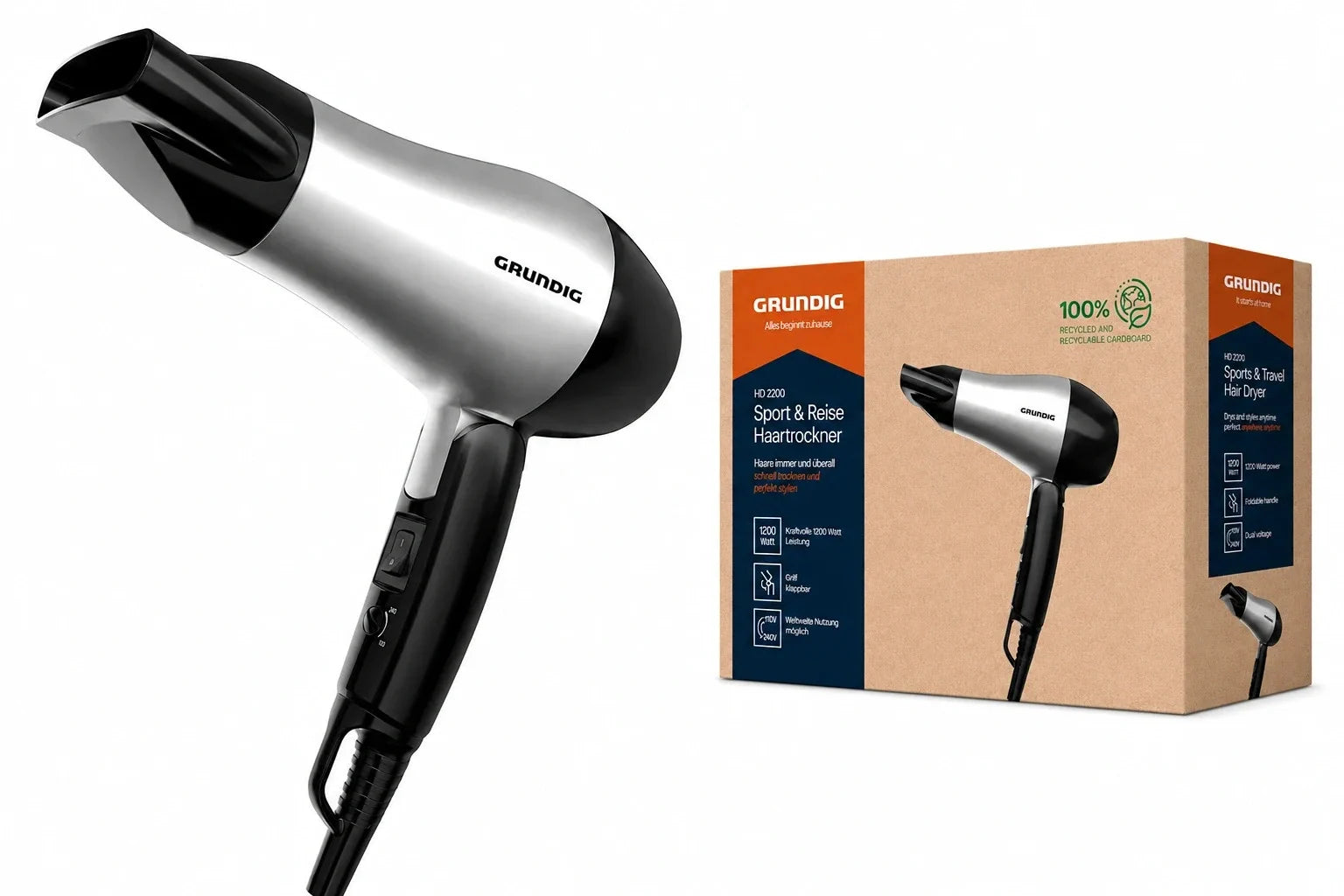 Grundig HD 2200 Reise Föhn 1200W Haartrockner Klappgriff Sport Camping