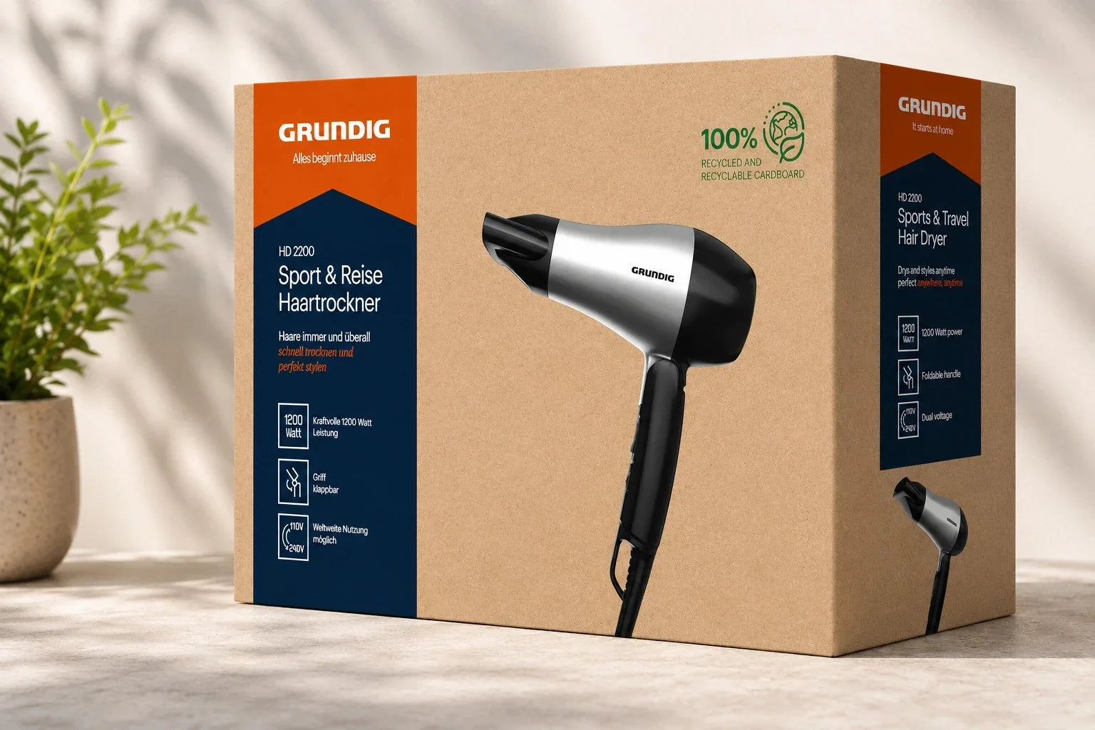 Grundig HD 2200 Reise Föhn 1200W Haartrockner Klappgriff Sport Camping