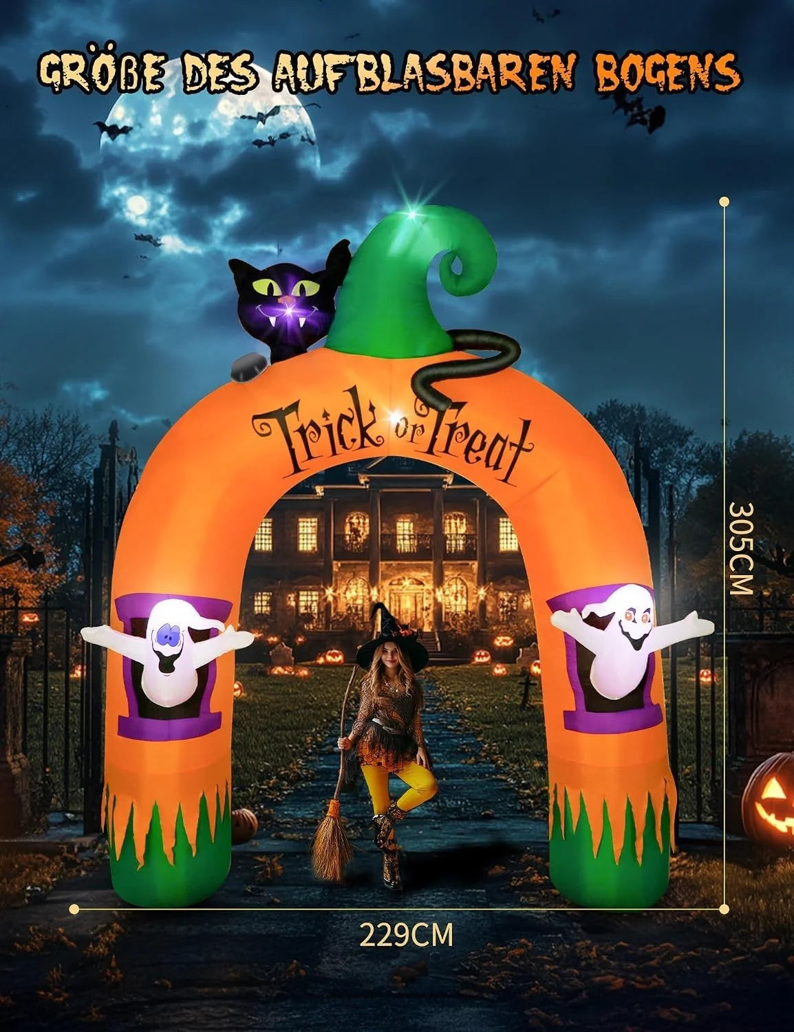 Halloween Deko Aufblasbar 305cm Torbogen LED Geist Katze Garten Outdoor