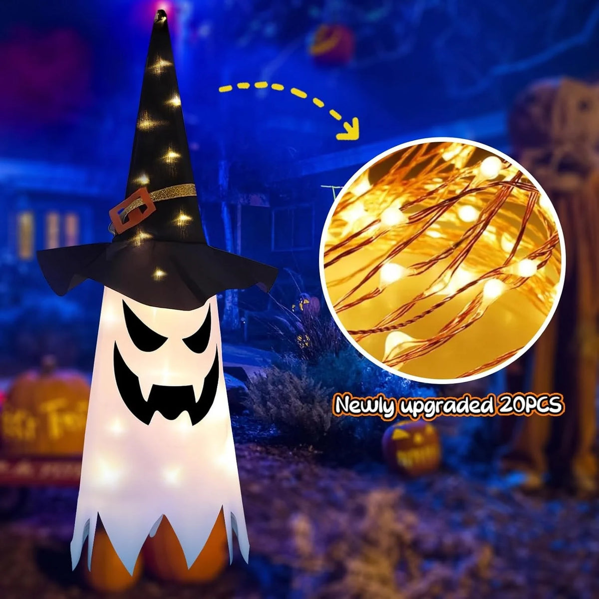 Halloween Geist LED Hängedeko Hexenhut 80cm Leuchtend Garten Fenster Deko