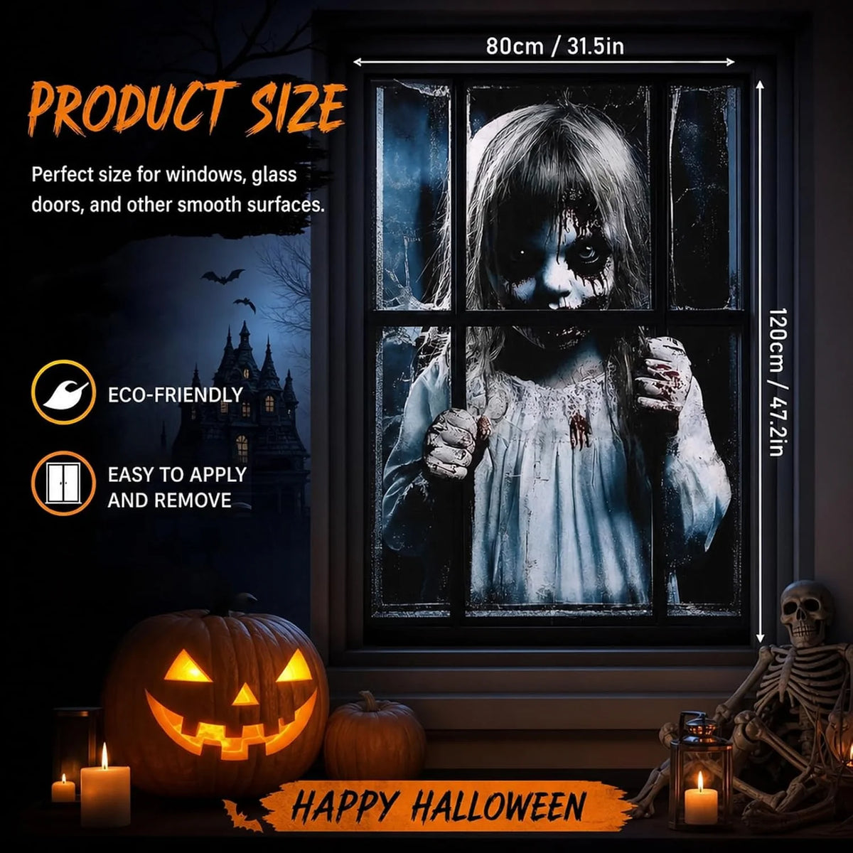 Halloween Fensterdeko 80x120cm Horror Fensterbild Gruseldeko Türdeko Party Deko