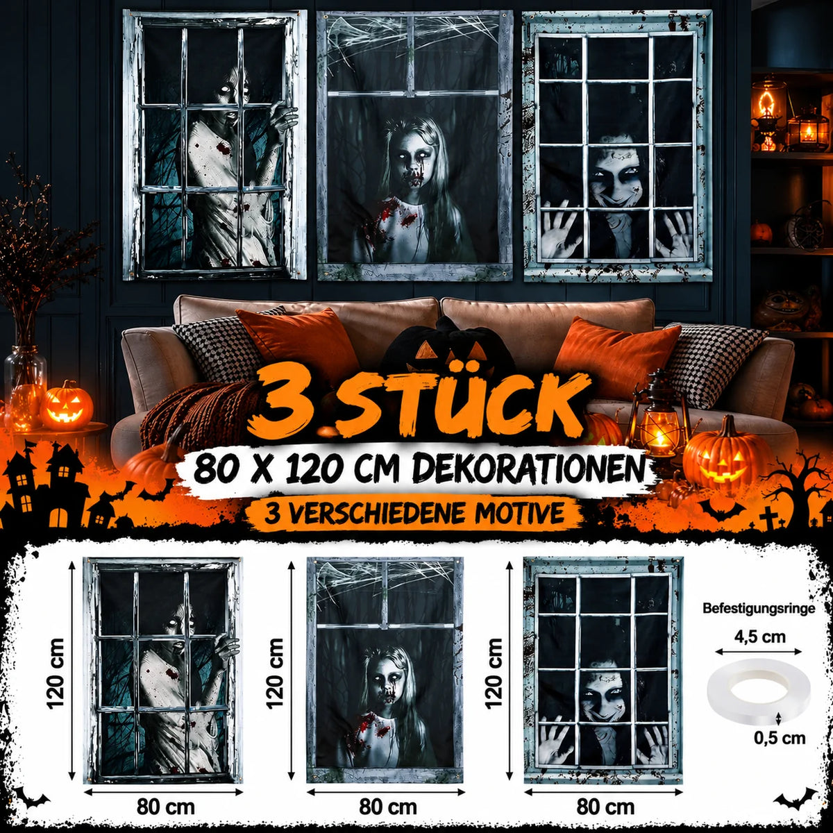 Halloween Fensterdeko 80x120cm Horror Fensterbild Gruseldeko Türdeko Party Deko